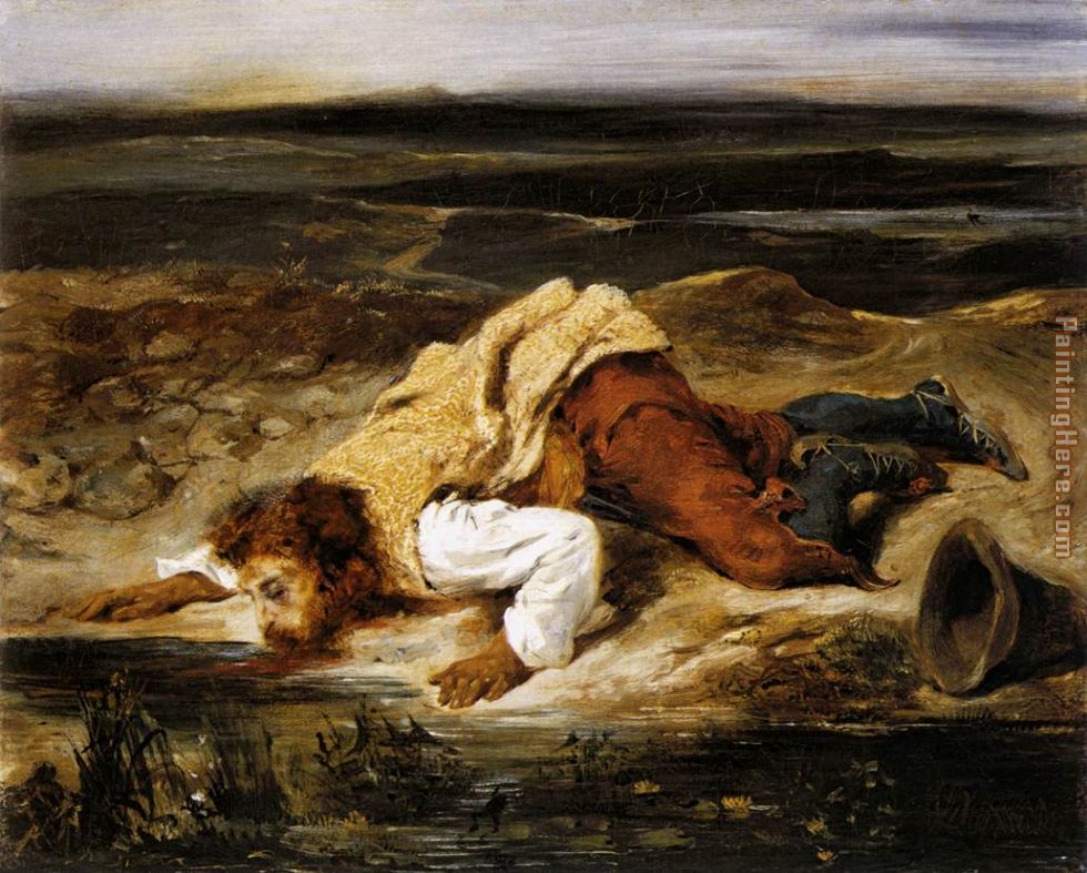 A Mortally Wounded Brigand Quenches his Thirst painting - Eugene Delacroix A Mortally Wounded Brigand Quenches his Thirst art painting